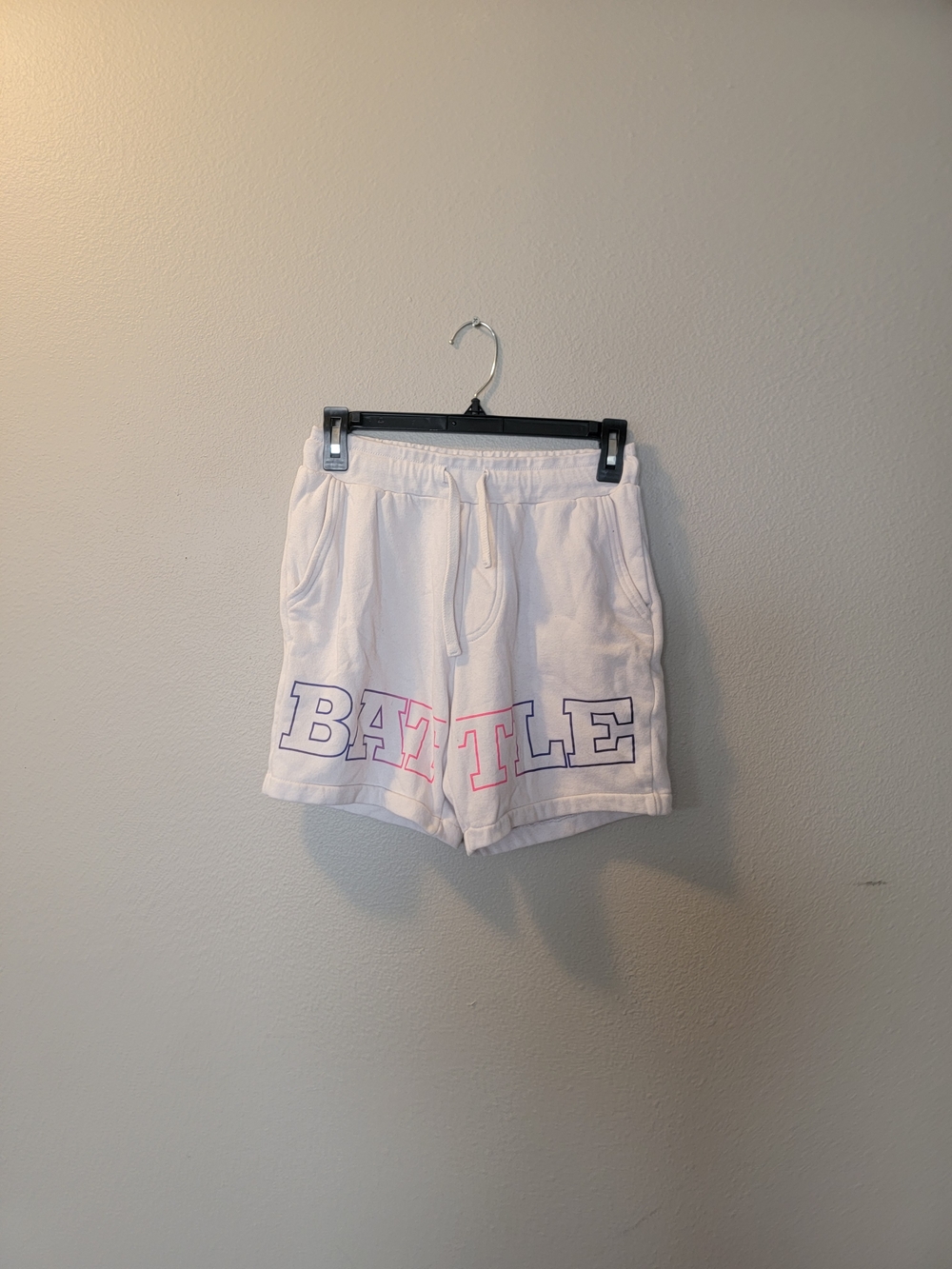 White 'BATTLE' Graphic Drawstring Shorts